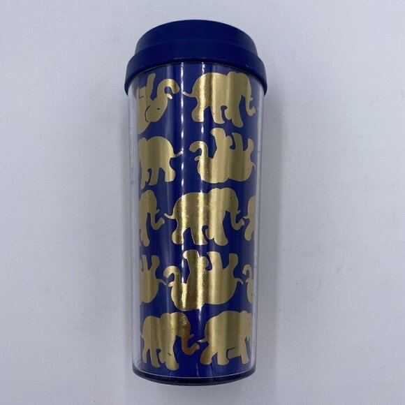 LILLY PULITZER 16 oz Travel Mug Tumbler Blue Gold Insulated Elephant Design 8” - Picture 1 of 6